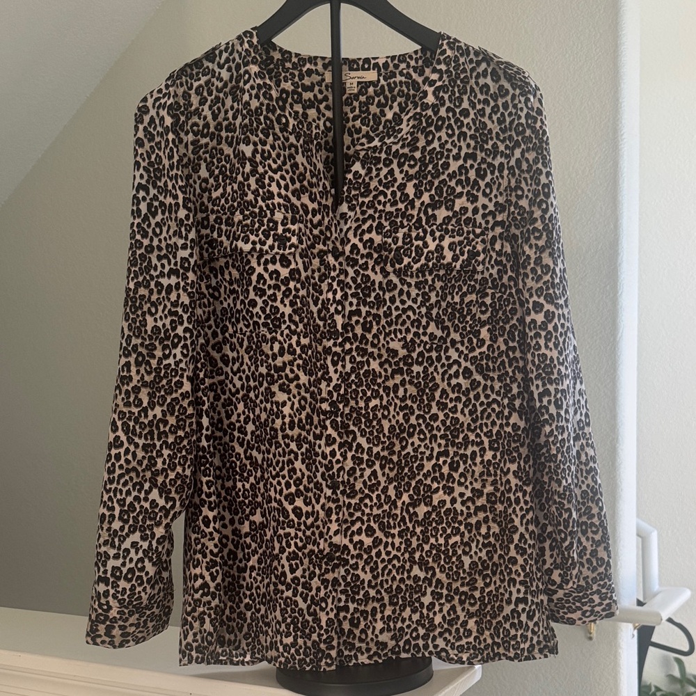 Leopard Print Long Sleeve Blouse - Beige/Black